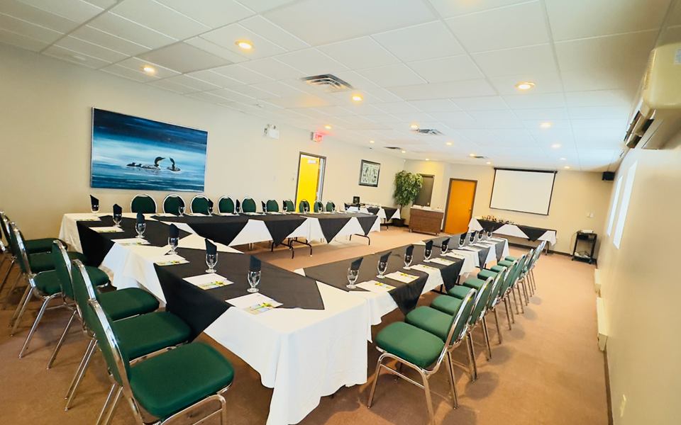 Rainforest Conference Room set with banquet tables at Forest Inn and Conference Centre